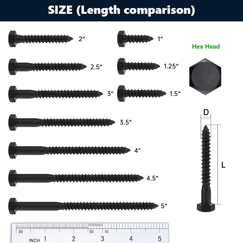 RoyceMart 10-Sets 5/16 x 2-1/2" Black Hex Head Lag Screws & Flat Washers, Heavy Duty Wood Lag Screws, 304 Stainless Steel (18-8), 5/16" Bolt - Image 4